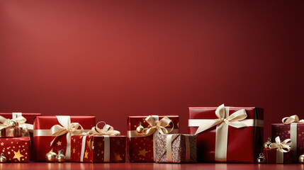 Banner with many gift boxes tied velvet ribbons and paper decorations on turquoise background.