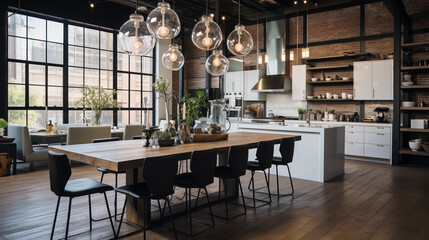 A chic urban loft kitchen with industrial pendant lights and an open-concept design - obrazy, fototapety, plakaty
