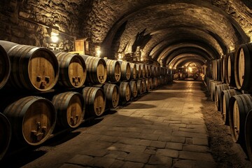 Fototapeta na wymiar An ancient cellar made of stone holds numerous wooden wine barrels. Generative AI