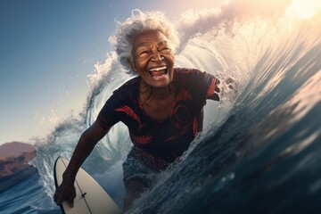 Black Female Elderly Water Surfing Wave Period Concept Generative AI