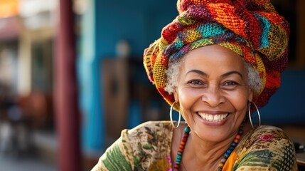 Smiling old Jamaican woman wearing a Rastafarian hat.