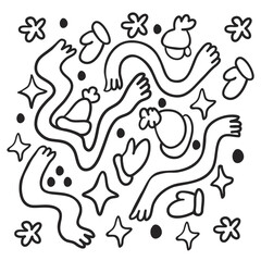 Obraz premium doodle elements in a minimalist style on a winter theme. Hats, scarves, mittens, stars, snowflakes.template for print, sticker, coloring, header, article, children's book, toy, decoration.