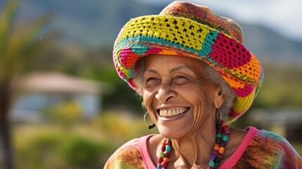 Smiling old Jamaican woman wearing a Rastafarian hat.