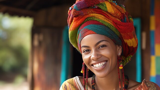 Smiling young Jamaican woman wearing a rasta hat.