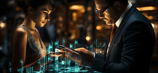 two business people with their tablets on a digital screen