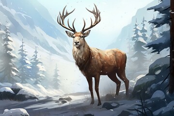 Illustration of wild reindeer in winter. Generative AI
