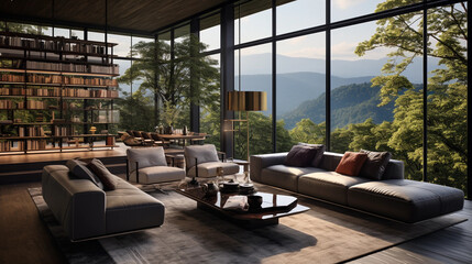 A contemporary living room with floor-to-ceiling windows offering a stunning view of nature