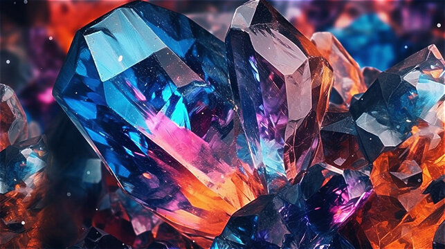 colorful raw mineral precious stone close-up crystal growing of jewelry stones, created with Generative AI Technology.