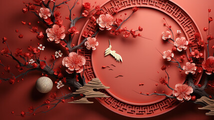 Chinese New Year Template with Circle Frame and Lanterns on 3D Patterned Background