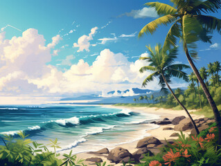 beach with palm tree cartoon