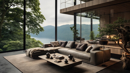Fototapeta premium A contemporary living room with floor-to-ceiling windows offering a stunning view of nature