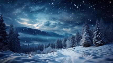 Fototapeta na wymiar christmas landscape with starry sky, fir trees and snow-capped mountains