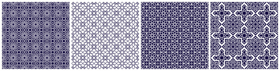 Arabic background collection. Islamic geometric vector seamless patterns set. Elegant textures in eastern style. Asian decoration. Repeat wallpaper for beauty, cosmetics, fashion, interior business. - obrazy, fototapety, plakaty