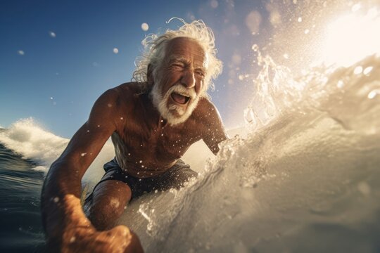 Hispanic Male Elderly Wave Rider Breaking Wave Concept Generative AI