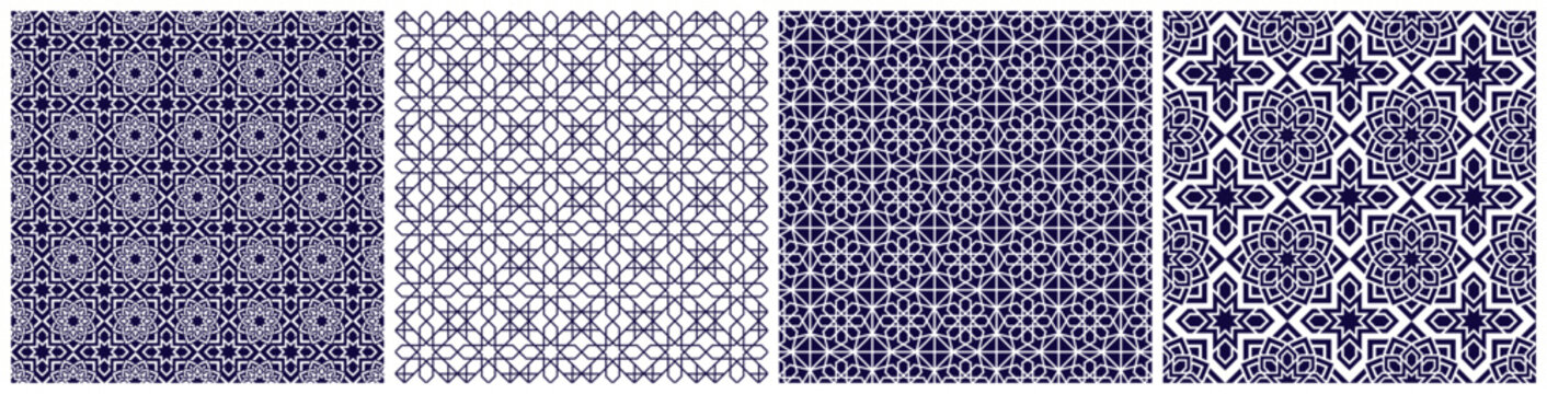 Arabic background collection. Islamic geometric vector seamless patterns set. Elegant textures in eastern style. Asian decoration. Repeat wallpaper for beauty, cosmetics, fashion, interior business.
