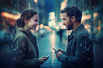 Meeting via dating apps: woman and man, hands holding smartphones, share smiles amidst the nocturnal urban ambiance