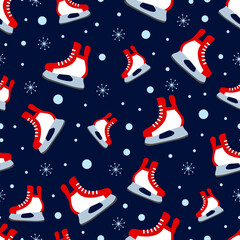 Ice skates seamless pattern. Winter sports vector illustration. Cute ice skate on a dark background. Outdoors repeated texture. Winter skating activities template wallpaper. Cartoon childish print