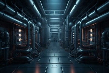 Dark sci-fi lab interior with industrial pipeline, rendered in 3D. Wallpaper background for a futuristic atmosphere. Generative AI