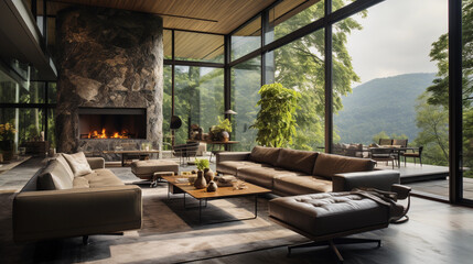 Fototapeta premium A contemporary living room with floor-to-ceiling windows offering a stunning view of nature