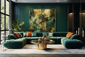 Contemporary lounge area with a vibrant green couch. Generative AI - obrazy, fototapety, plakaty