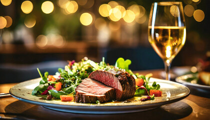 A succulent piece of juicy veal accompanied by mixed salad with a glass of red wine on a bokeh background. Gastronomy. Food and drink. - obrazy, fototapety, plakaty