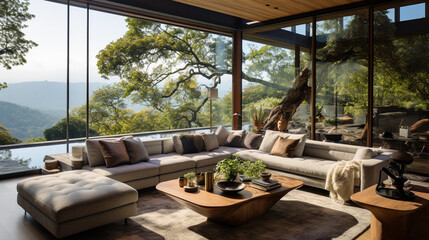 Fototapeta na wymiar A contemporary living room with floor-to-ceiling windows offering a stunning view of nature