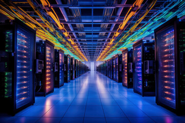 Techno Illumination: A server room illuminated by neon lights and tangled multicolored wires, portraying the futuristic essence of data management