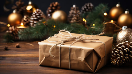 Fototapeta na wymiar Christmas gift box wrapped in craft paper.