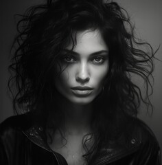 Black and white fashion portrait of a woman. Interior design, fashion and beauty.