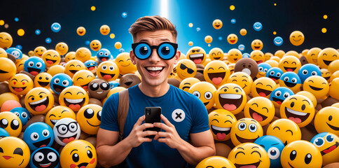 A Man Influencer Holding Up a Smartphone Amidst a Crowd of Emoticons. - obrazy, fototapety, plakaty
