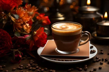   Floral composition with coffee on wooden tray over coffee beans. © JackDong