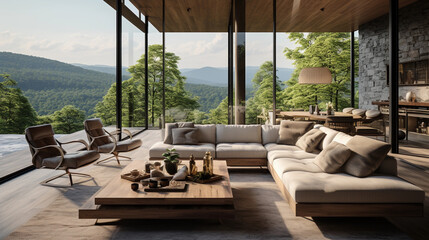 Fototapeta premium A contemporary living room with floor-to-ceiling windows offering a stunning view of nature