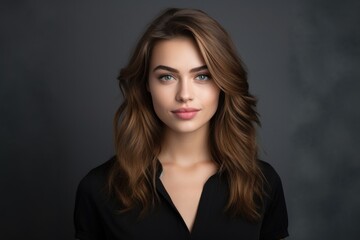Fototapeta premium A businesswoman in a black shirt on a dark background smiles. Successful woman concept.