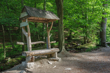 Fototapeta na wymiar Wooden shed , place for rest, for tourists in national park, on a spring day, Mala Fatra Mountains