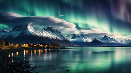 Incredible winter view on snowcapped mountains, fishing village and Northern lights.