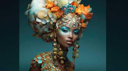 African American woman with unusual makeup and precious accessories. Ethnicity and fashion, female beauty.
