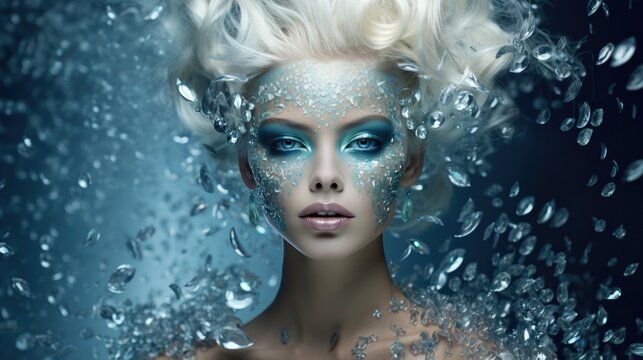 The woman's face is covered with diamonds and rhinestones, stylized makeup. Women's beauty and jewelry.