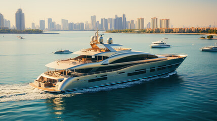 Luxury motor yachts sailing at Persian Gulf, Dubai, United Arab Emirates.