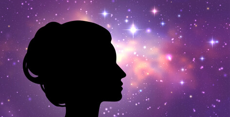 Vector illustration of woman head on starry space background. Cosmic consciousness concept