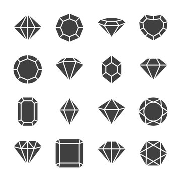 Vector Flat Simple Minimalistic Black and White Gemstone Icons Set. Diamond, Crystal, Rhinestones Closeup Isolated. Jewerly Concept. Design Template of Gemstones, Gem Clipart. Top, Front View