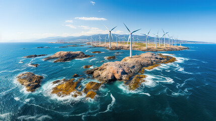 Offshore wind power and energy farm with many wind turbines on the ocean - obrazy, fototapety, plakaty