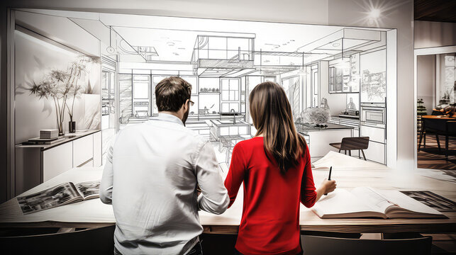 Man and woman considering apartment and planning renovations. Drawn outline interior elements on the walls, creative concept of design project and redevelopment. 