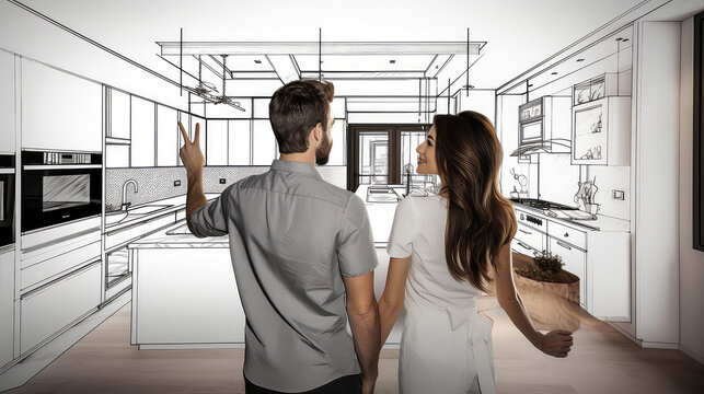 Man and woman considering apartment and planning renovations. Drawn outline interior elements on the walls, creative concept of design project and redevelopment. 