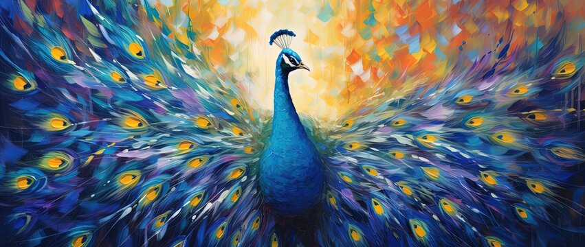 painting style illustration of peacock in flower garden, Generative Ai