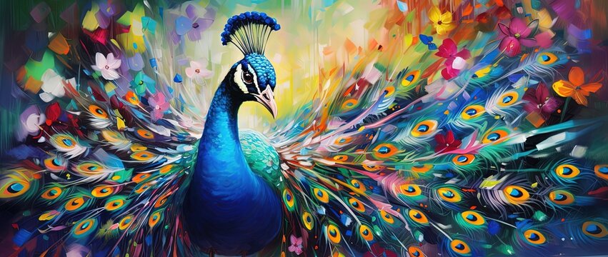 painting style illustration of peacock in flower garden, Generative Ai