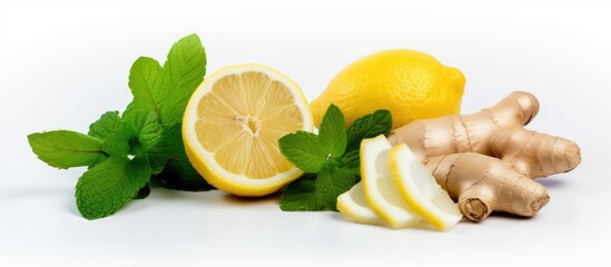 Lemon ginger and mint on a white backdrop