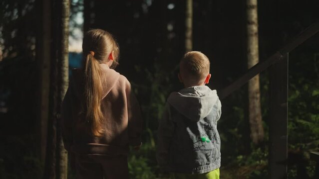 Children brother and sister in jackets look at dark forest at resort