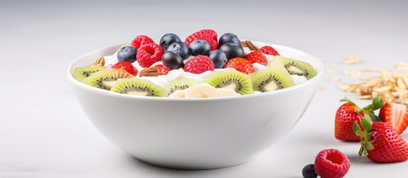 Prepare a breakfast bowl with mixed fruit yogurt and berries