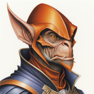 portrait of a goblin head illustrations isolated white background , colored pencil drawing style