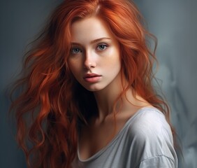 Naklejka premium Redhead young woman on a gray background
